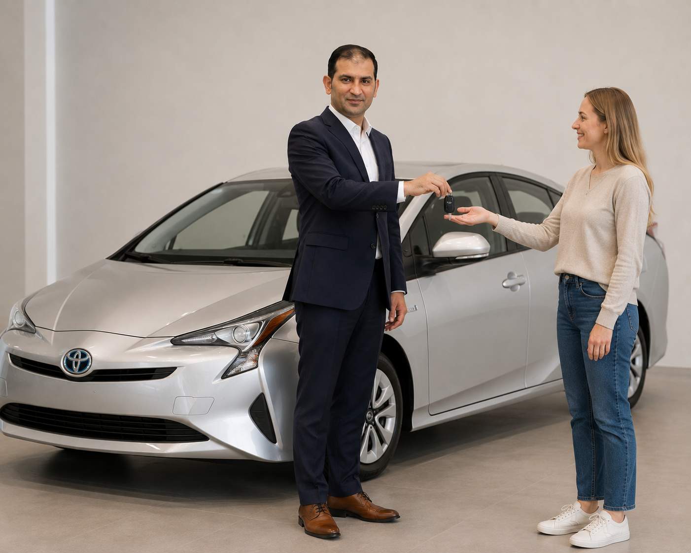 Auto Xpert Motors customer handover with keys beside a Toyota hybrid
